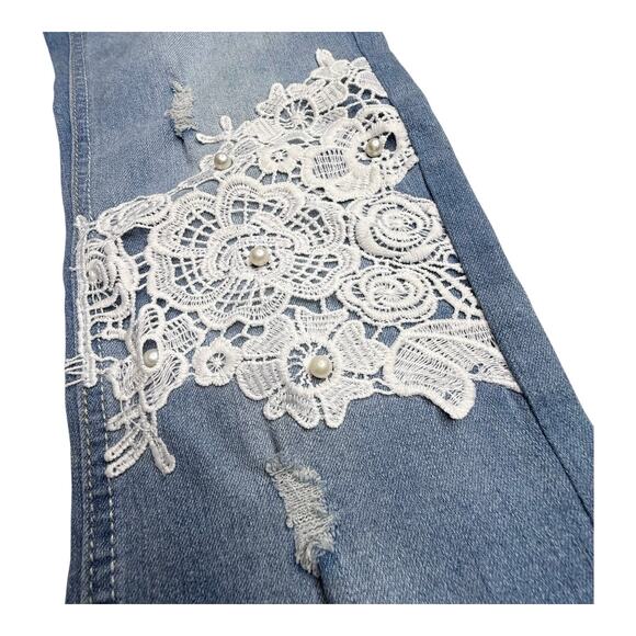V GOLD Distressed JEANS Women's 16-1/2+ Lace Embellished Stretch Skinny Leg Blue - Picture 6 of 12